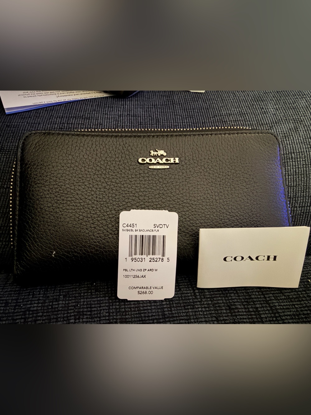 Coach Black Pebbled Leather Zip Wallet with Silver Logo and hardware
